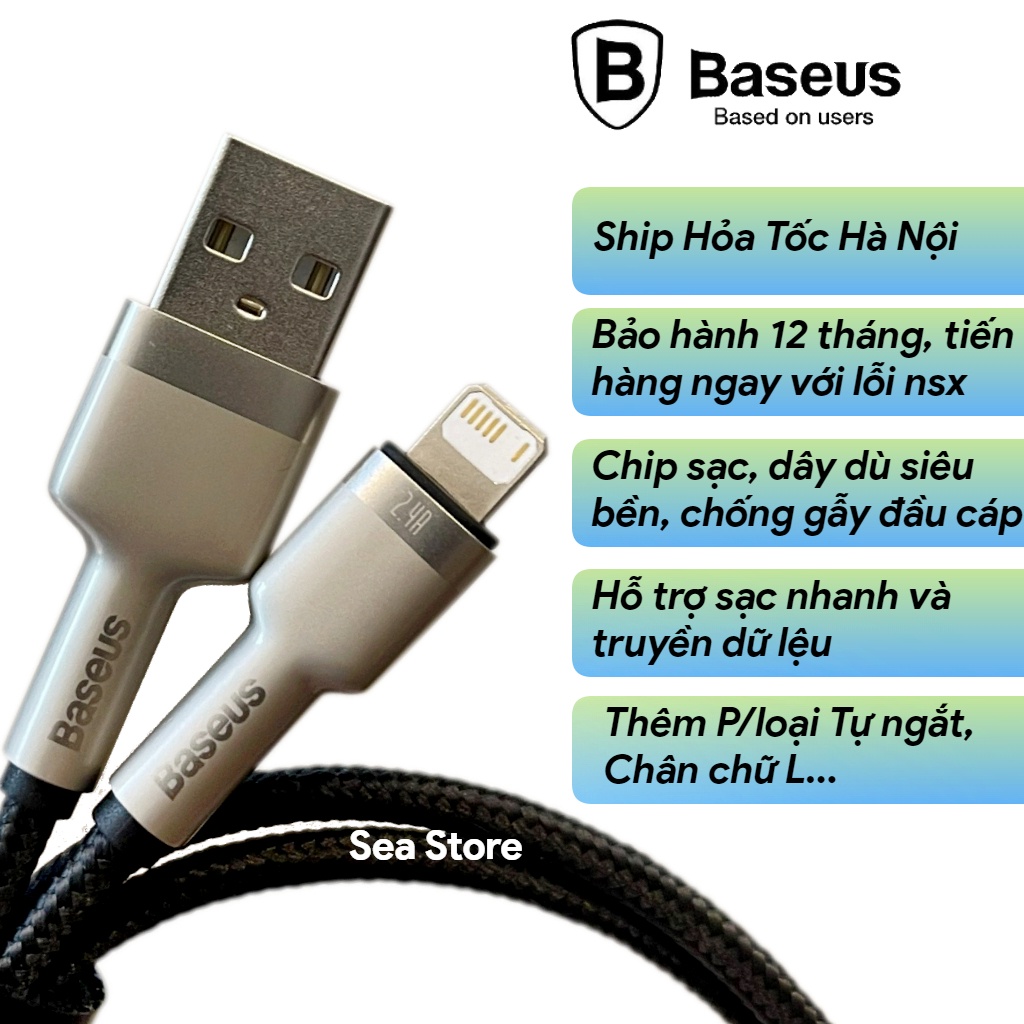 Dây sạc IP- Cáp hỗ trợ sạc nhanh-Siêu bền-Chống gẫy-Đèn LED-Bảo hành Baseus