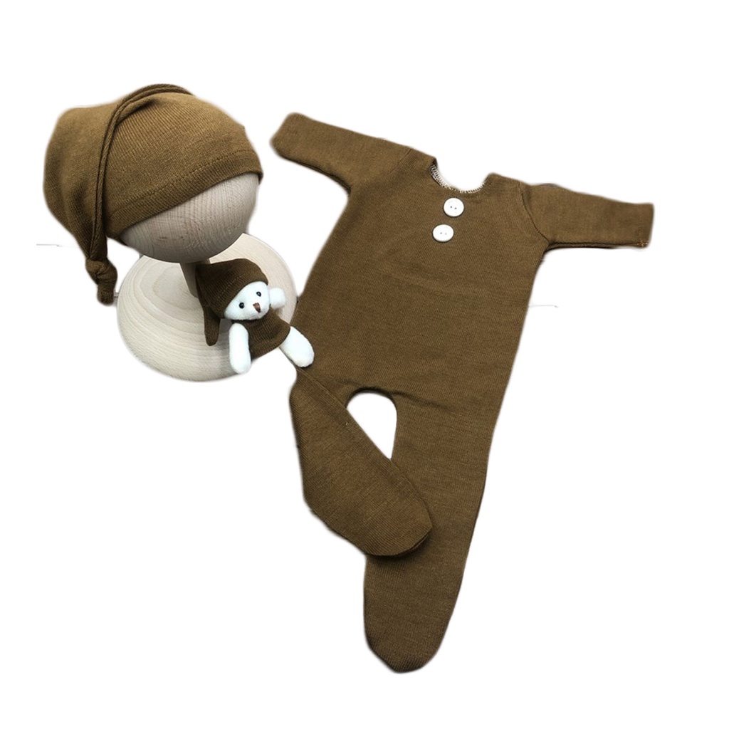 Bộ 3 Món Áo Liền Quần Tay Dài + Mũ Beanie Đuôi Dài + Nón Đội Đầu Chụp Ảnh Cho Bé Sơ Sinh