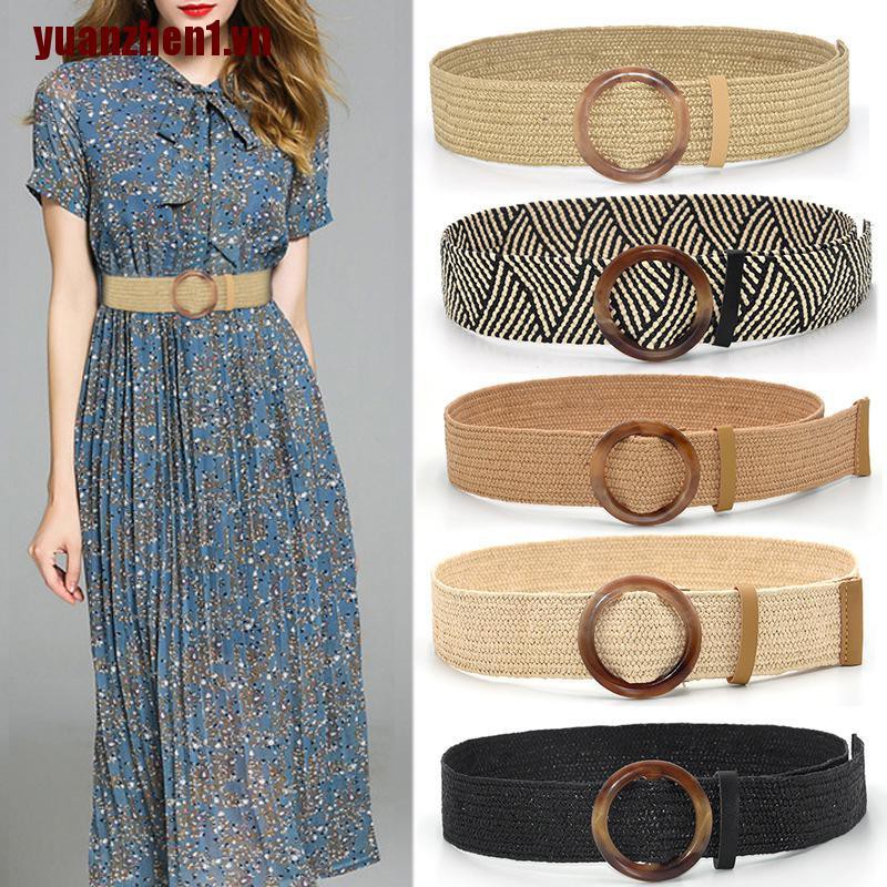 [Yuanzhen1] Thắt Lưng Thắt Lưng Bện Dây Cói Bản Rộng Khóa Gỗ Phong Cách Boho Cổ Điển Mùa Hè