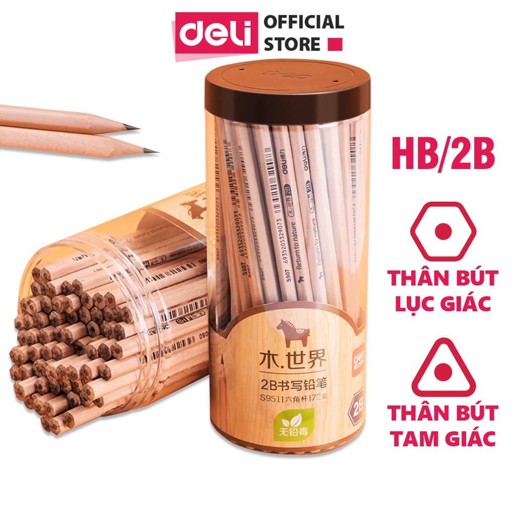 Hộp 30 bút chì lục giác/tam giác Deli - loại HB/2B thân gỗ tự nhiên an toàn cho người sử dụng, vẽ mỹ thuật phác thảo