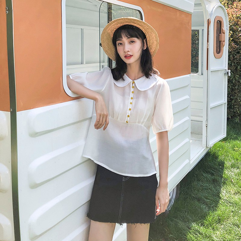 Áo voan cổ lá sen nút vàng phong cách HQ