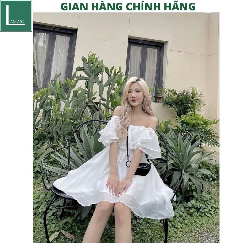 Váy voan tơ 2 lớp trễ vai tay bồng kiểu dáng hàn quốc tiểu thư bánh bèo dễ thương ulzzang -LAMASS