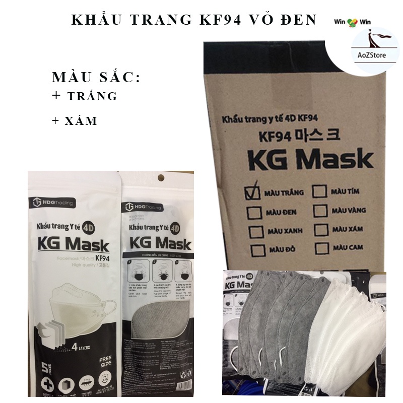 Khẩu trang KF94 KG mask 3d cao cấp kháng khuẩn chính hãng gói 5 cái bao đen
