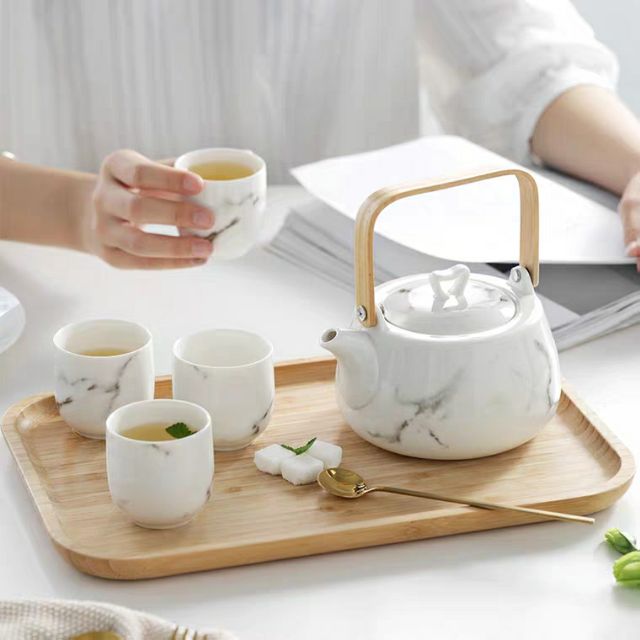 [CAO CẤP] Bộ ấm chén gốm sứ uống trà kèm khay phong cách Nhật Bản cẩm thạch Sang trọng