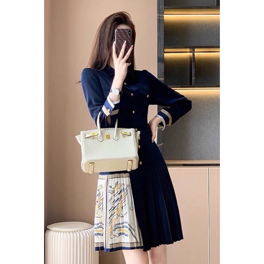 Đầm polo nữ HERME* HM chân váy xếp phối họa tiết sáng màu tinh tế cao cấp