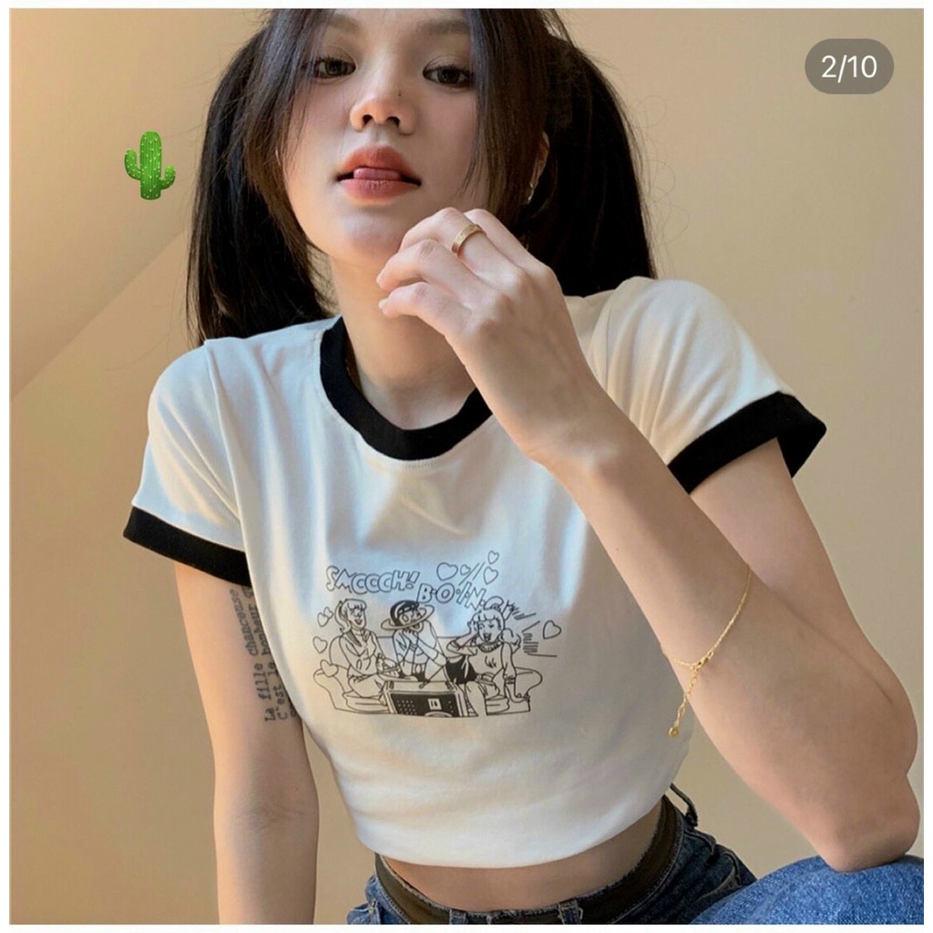 Áo thun Croptop PC Viền Nổi Phối kí Tự