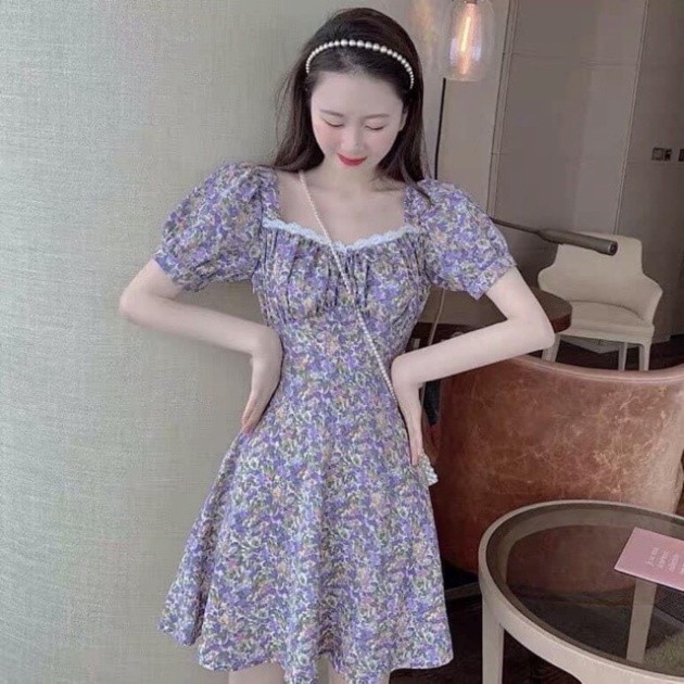 (Phanminhvuong)Váy hoa tím cổ vuông
