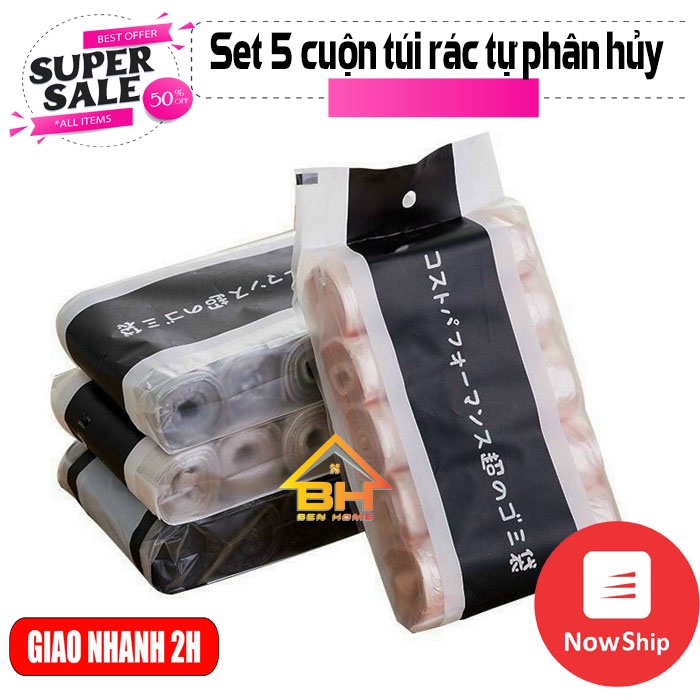 Set 5 cuộn túi rác tự phân hủy mẫu mới công nghệ Nhật Bản