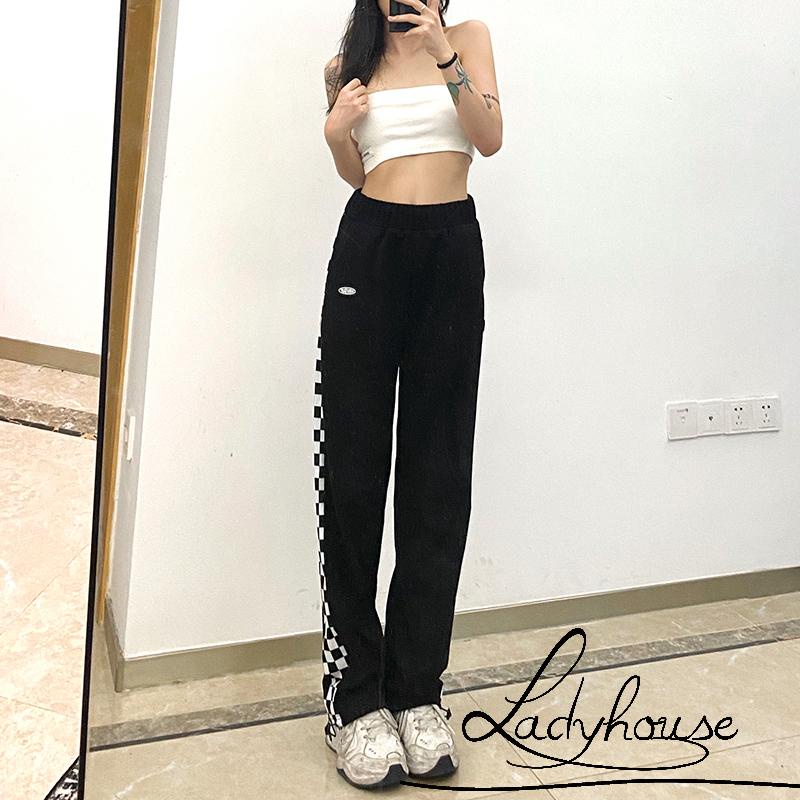 Quần Dài Lưng Cao Dáng Rộng Họa Tiết Sọc Caro Màu Đen Thời Trang Cho Nữ