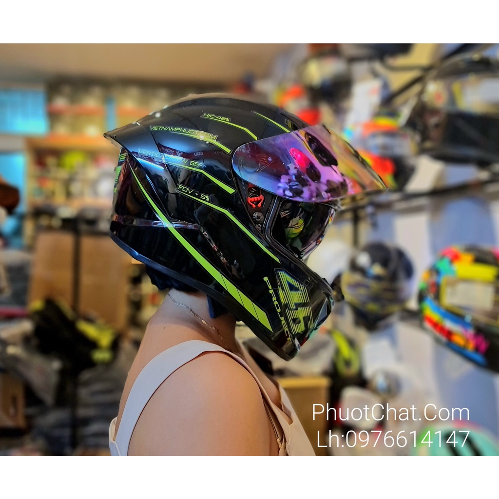 Mũ bảo hiểm Fullface M266 2 kính đen bóng dán tem 46 xanh lá