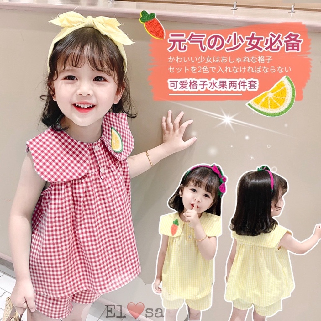 Bộ caro đũi nhăn họa tiết quả siêu xinh cho bé gái 1-5 Tuổi