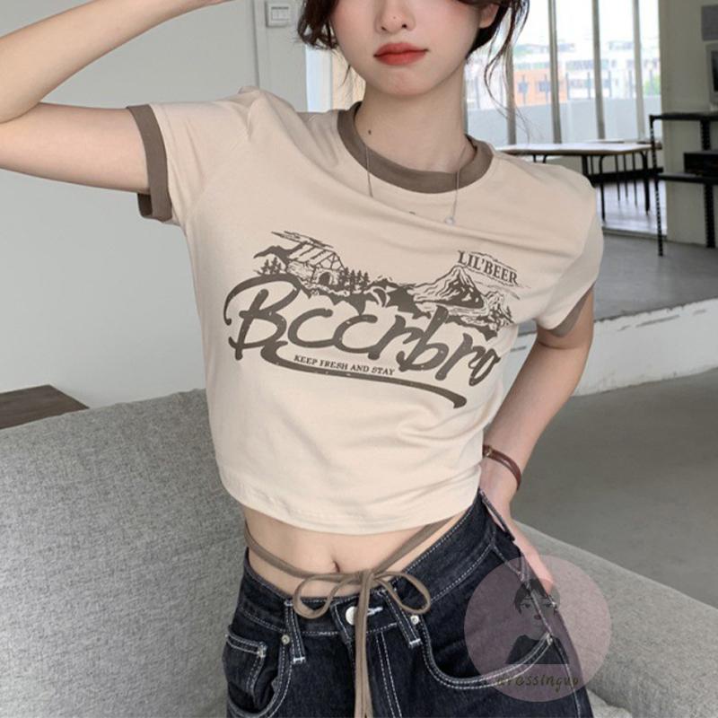 Áo Thun Ngắn Tay Dáng Rộng In Chữ Phối Dây Cột Thời Trang Mùa Hè Cho Nữ