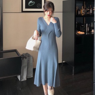 Long sleeve dress spring and autumn new style slim waist long sleeve V-neck knitted bottom dress temperament long style with skirt