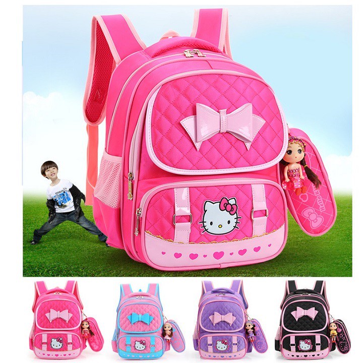 Balo Học Sinh Tiểu Học Hello Kitty Cho Bé Gái Tặng kèm Búp Bê Và Hộp Bút Chống Gù Cao Cấp (3558)