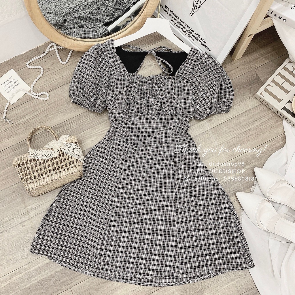 Váy kẻ khuy bọc tay bồng tông màu xinh xỉu tiểu thư Hàn Quốc -dd18