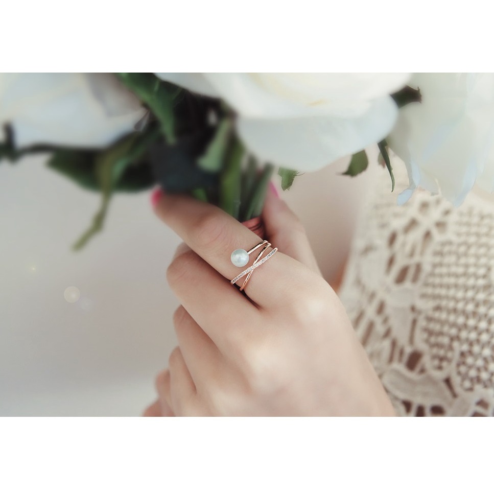 Nhẫn dạng mở Etrendy gắn ngọc trai nhân tạo và zircon thiết kế chéo xinh xắn hợp thời trang cho nữ