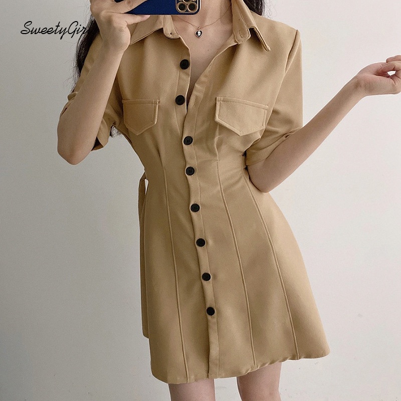 Đầm Tay Ngắn Cổ Bẻ Cài Nút Màu Trơn Eo Cao 2022 Thời Trang Cho Nữ