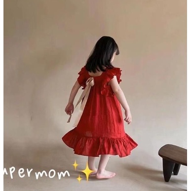 Đầm Công Chúa Thắt Nơ Đỏ Thời Trang Mùa Hè Hàn Quốc Cho Bé Gái