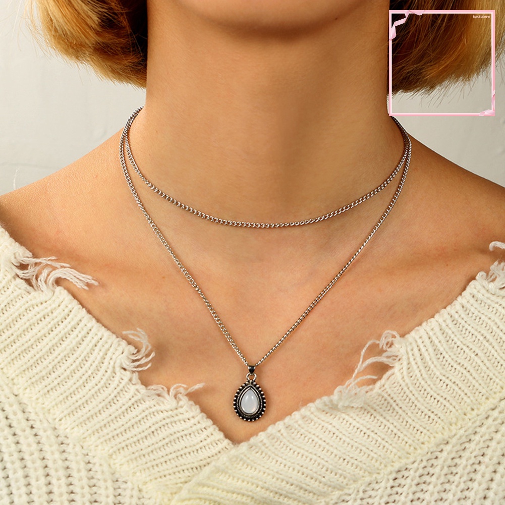 Vòng cổ Choker Hai Lớp Mặt Đá Opal Hình Giọt Nước Cổ Điển Cho Nữ