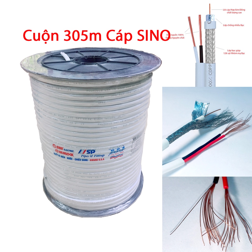 Cuộn 305m dây cáp đồng trục liền nguồn SINO RG59 lõi đồng có bọc bạc chống nhiễu chuyên dùng để kết nối tín hiệu Camera