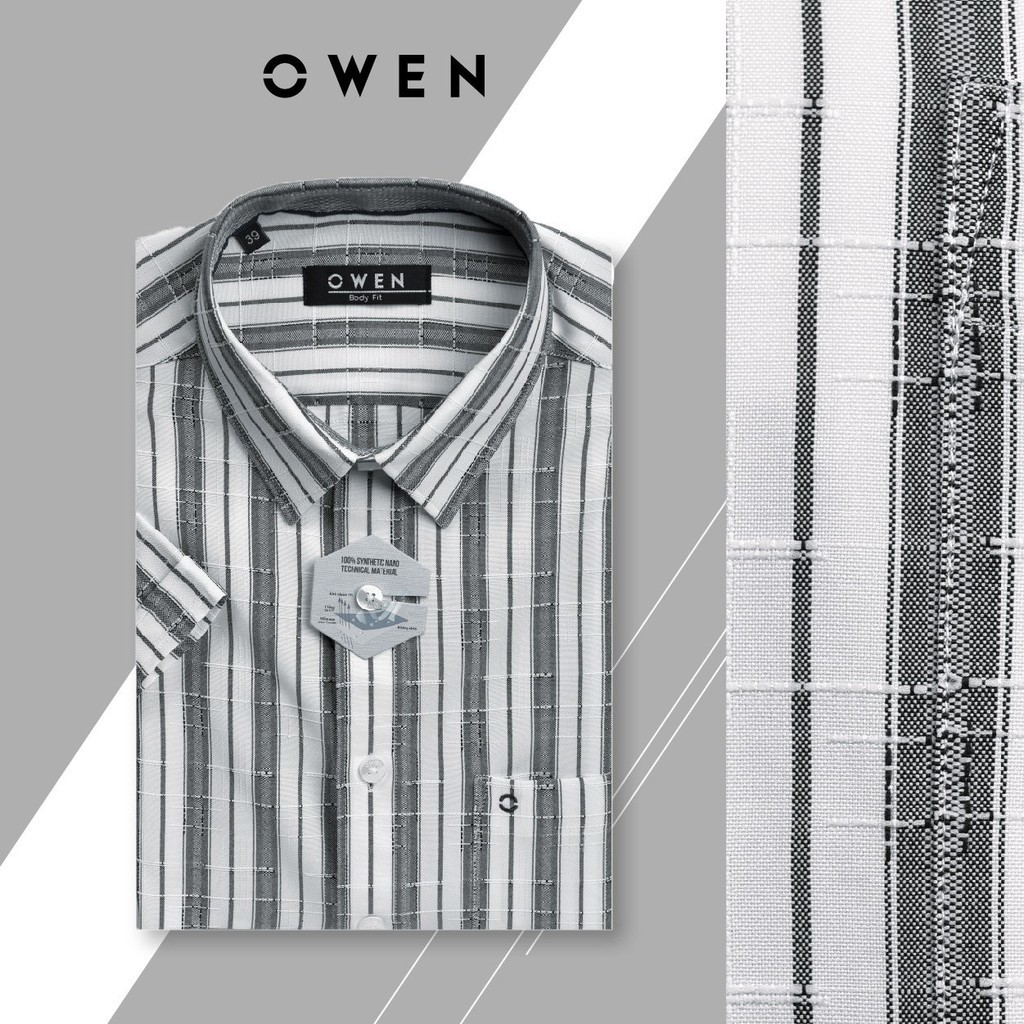 Sale SALE (Chính Hãng) Sale 10.10 . OWEN - Áo sơ mi ngắn tay Owen body fit kẻ xám 90589 Cực Đẹp . Đẹp . New * ' . .