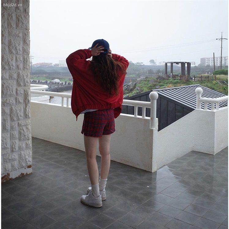 Quần ngắn lưng cao ống rộng họa tiết sọc caro đỏ và đen tùy chọn phong cách hàn quốc cho nữ 2021