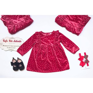 Váy nhung đỏ chấm bi bé gái HM Auth size 9m đến 4Y