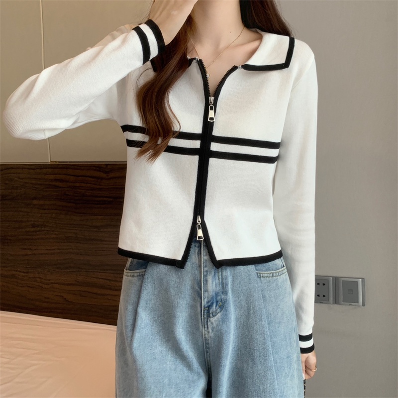 ZHELIHANGFEI Áo Cardigan Dệt Kim Cổ Bẻ Dài Tay Lưng Cao Dễ Phối Đồ