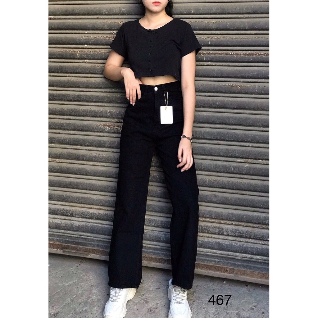 Quần jeans dài nữ Basic Black  QJSD 83, ống suông rộng lưng cao, trơn full đen đơn giản, quần bò rin culottes cạp cao