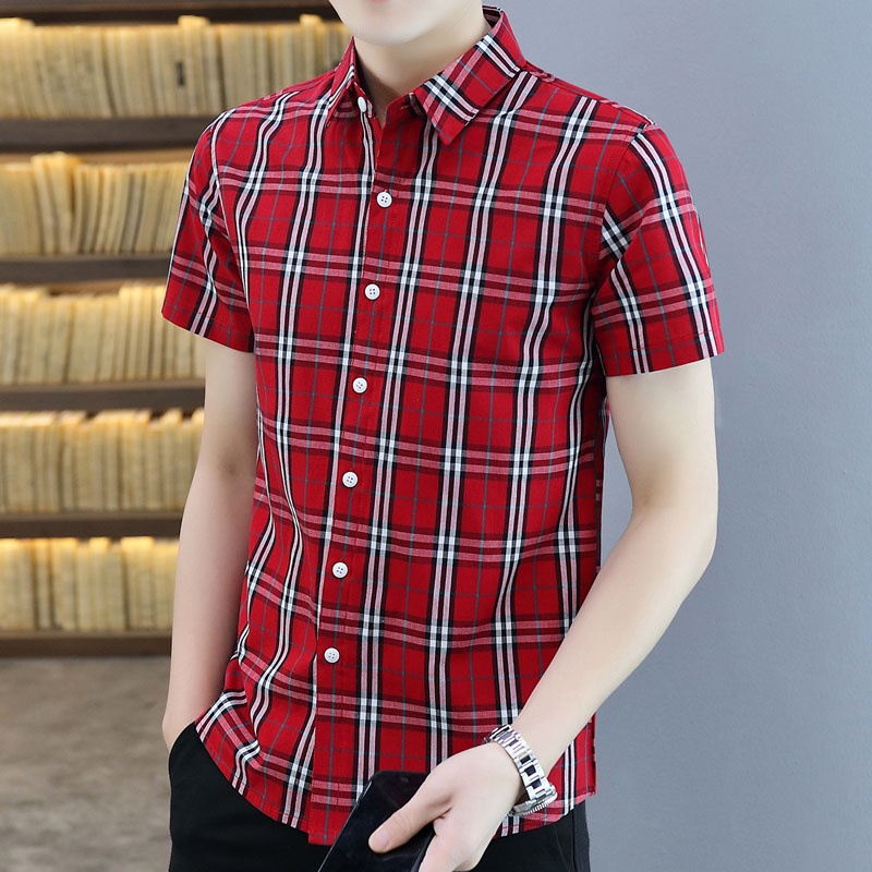 Áo Sơ Mi Cotton Tay Ngắn Họa Tiết Kẻ Sọc Màu Đen / Đỏ / Xanh Quân Đội Phong Cách Hàn Quốc Thời Trang Mùa Hè Cho Nam