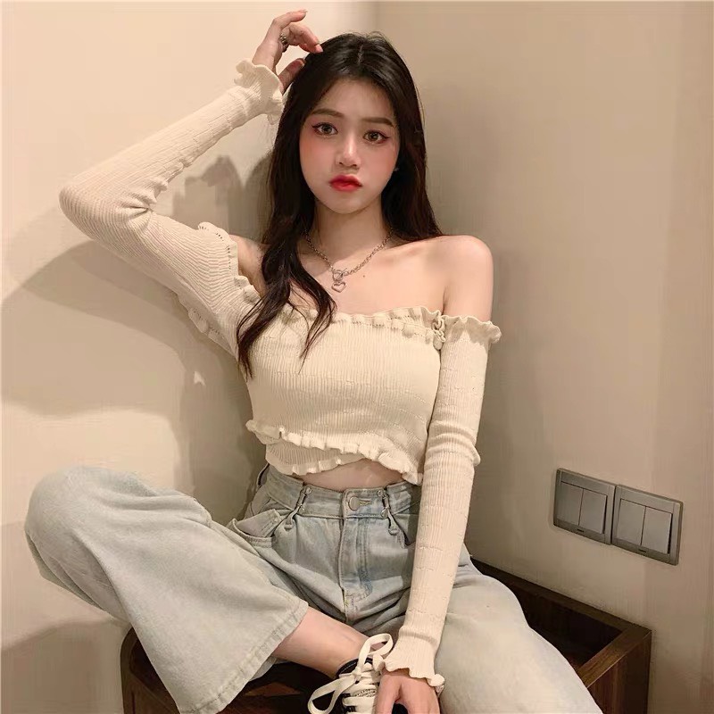 Áo Len Trễ Vai Tay Dài Nữ Hàn Quốc Sexy Kiểu Quyến Rũ Phong Cách Form Rộng Chất Đẹp Quảng Châu Cho Nữ T2C8