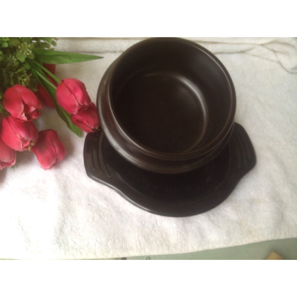 Thố ,nồi đất nâu tráng men làm cơm trộn,súp,trứng hấp kiểu Hàn Quốc kèm đế lót Size 13cm-750ml