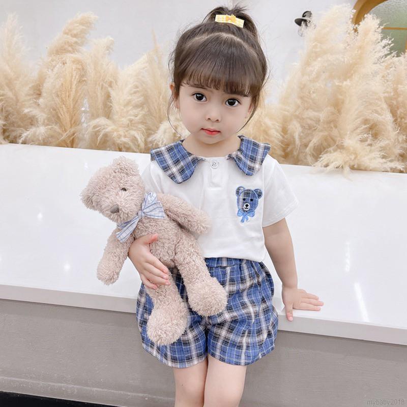 Bộ Quần Áo Tay Ngắn Cổ Búp Bê Chất Liệu Cotton Thời Trang Mùa Hè Phong Cách Hàn Quốc Cho Bé Gái