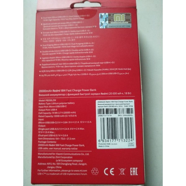 Pin sạc dự phòng xiaomi redmi 20.000mah sạc nhanh,chính hãng
