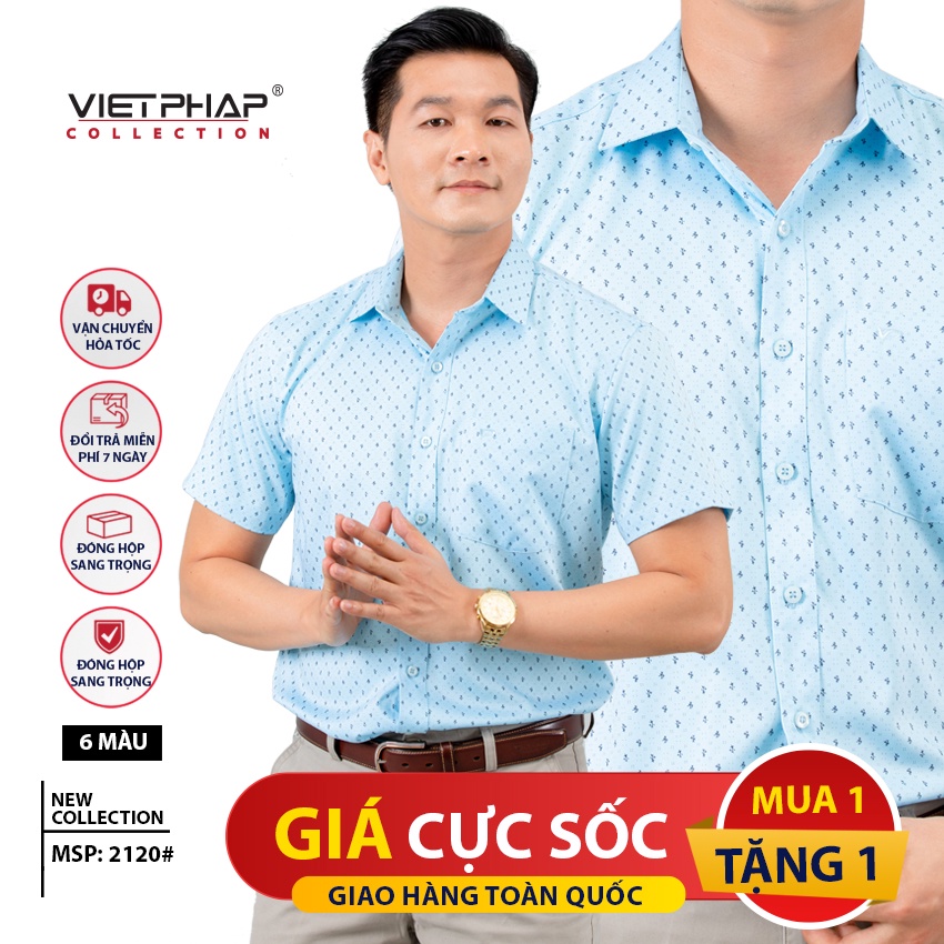 Sơ Mi Nam Tay Ngắn Vạt Ngang Cao Cấp Việt Pháp 2120 - HÀNG CHÍNH HÃNG