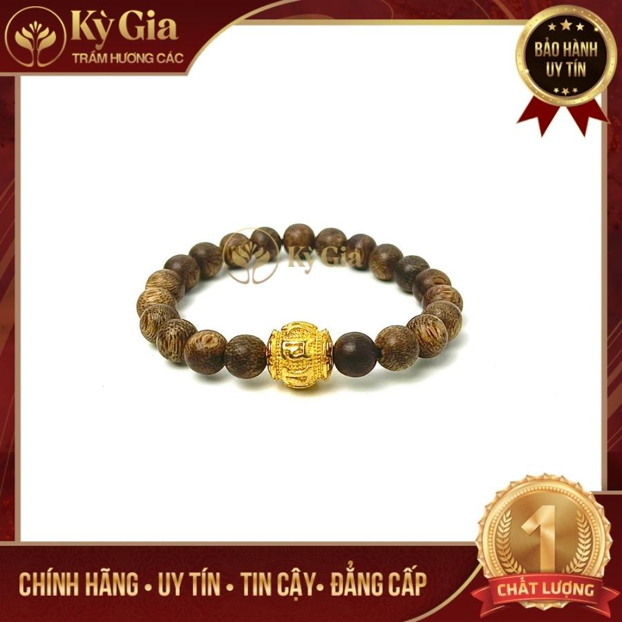 Vòng Tay Trầm Hương Kỳ Gia Phối Charm Chữ Phạn Mạ Vàng Cao Cấp, Chuẩn Tự Nhiên