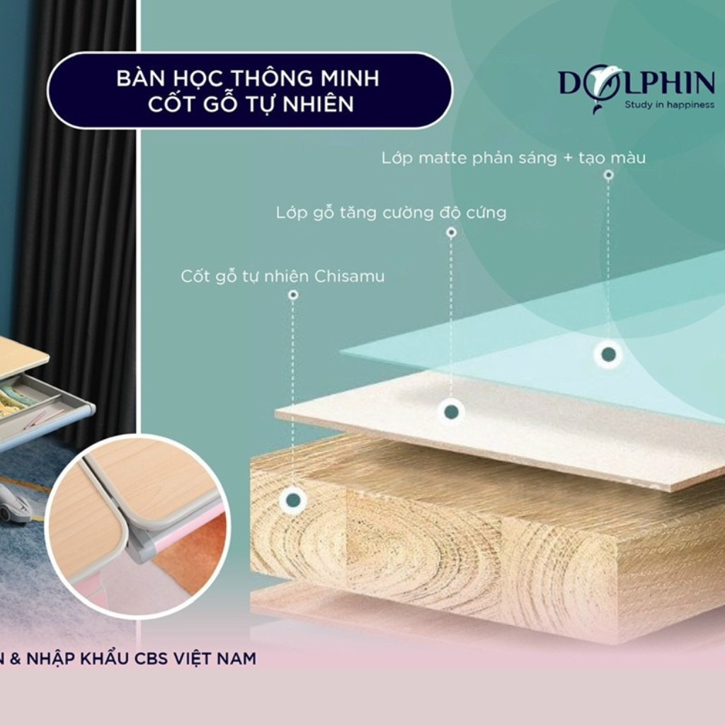 Bộ bàn học thông minh chống gù chống cận cho học sinh từ 3 đến 18 tuổi DOLPHIN- 04, kt mặt bàn 100*60cm