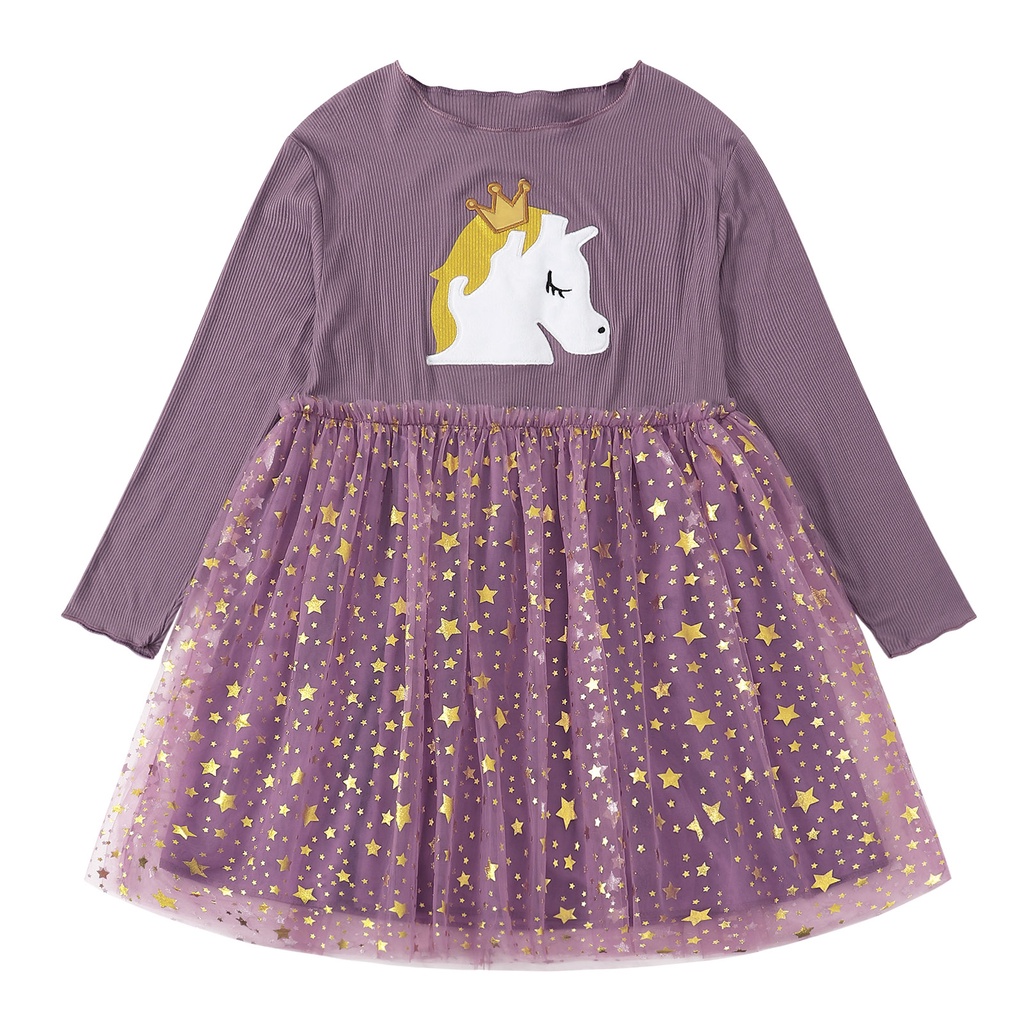 Đầm Công Chúa Tay Dài Phối Lưới In Họa Tiết Ngựa Pony / Vương Miện Xinh Xắn Thời Trang Mùa Thu Cho Bé Gái