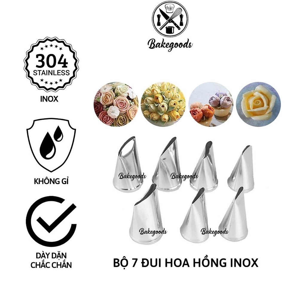 Bộ 7 đui bắt hoa, Bộ đuôi bắt hoa hồng trang trí bánh bằng inox không gỉ dày dặn, cứng cáp