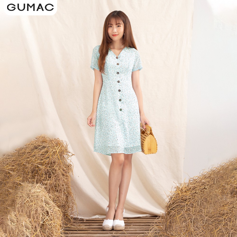 [Mã MABR07062 giảm 8% tối đa 50K đơn từ 249K] Đầm xòe hoa nhí cổ V nút gỗ GUMAC DA1096 | BigBuy360 - bigbuy360.vn