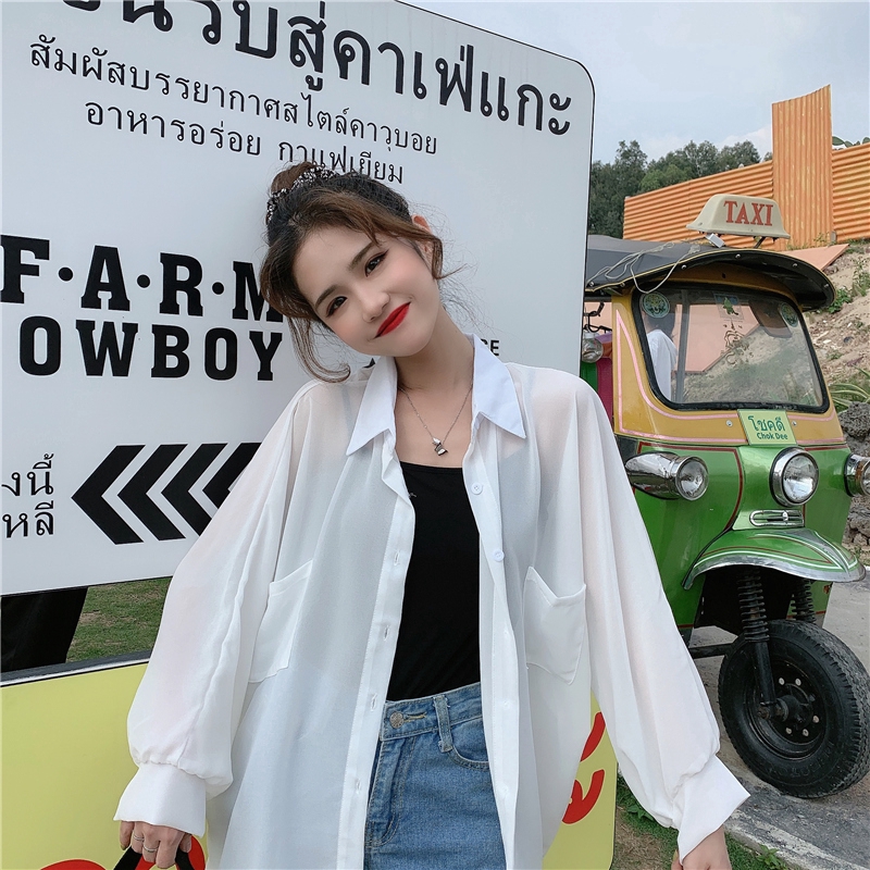 SUXI Áo Sơ Mi Trắng Vải Chiffon Tay Dài Chống Nắng Thời Trang Mùa Hè Cho Nữ