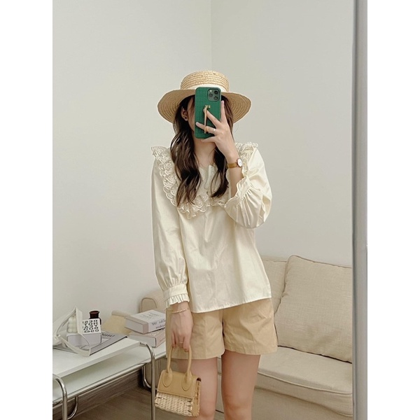 [HÀNG SẴN]ÁO SƠMI THÔ VIỀN REN CÚC BỌC TIỂU THƯ