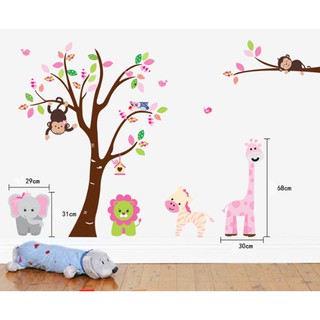 Decal dán tường khỉ leo cây và hươu hồng
