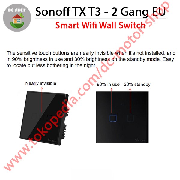 Công Tắc Cảm Ứng Thông Minh Sonoff Touch Tx T3 Eu-2gang Rf 433mhz T3eu2c App Ewelink