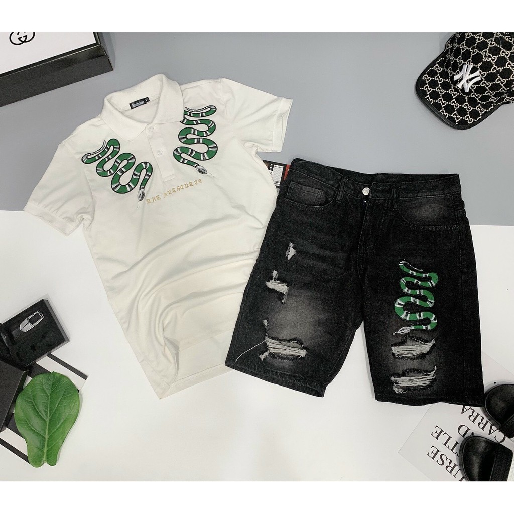 Quần short jean nam thêu rắn xanh độc lạ vải dày dặn co giãn bốn chiều cao cấp giá rẻ form regular 005