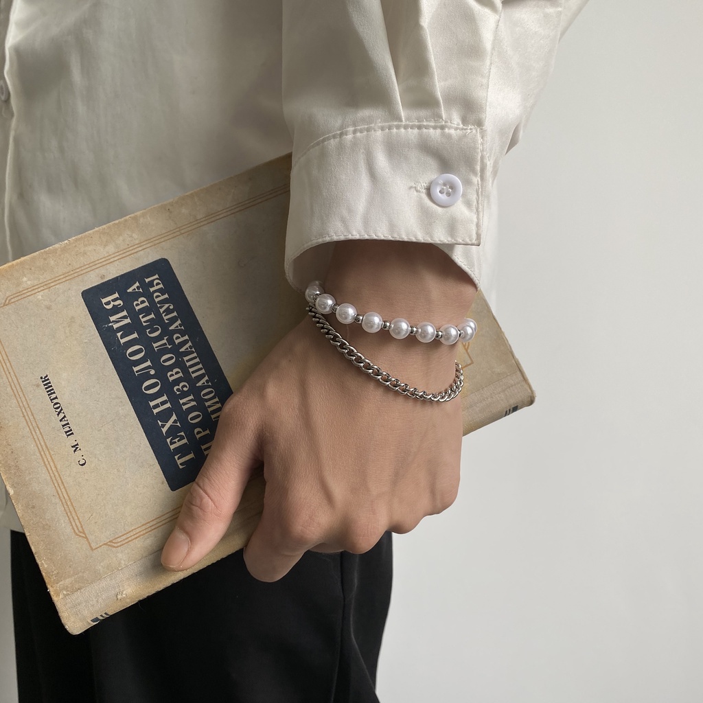 Vòng Tay Hai Lớp Bằng Thép Titanium Đính Hạt Ngọc Trai Phong Cách Hip hop Đơn Giản
