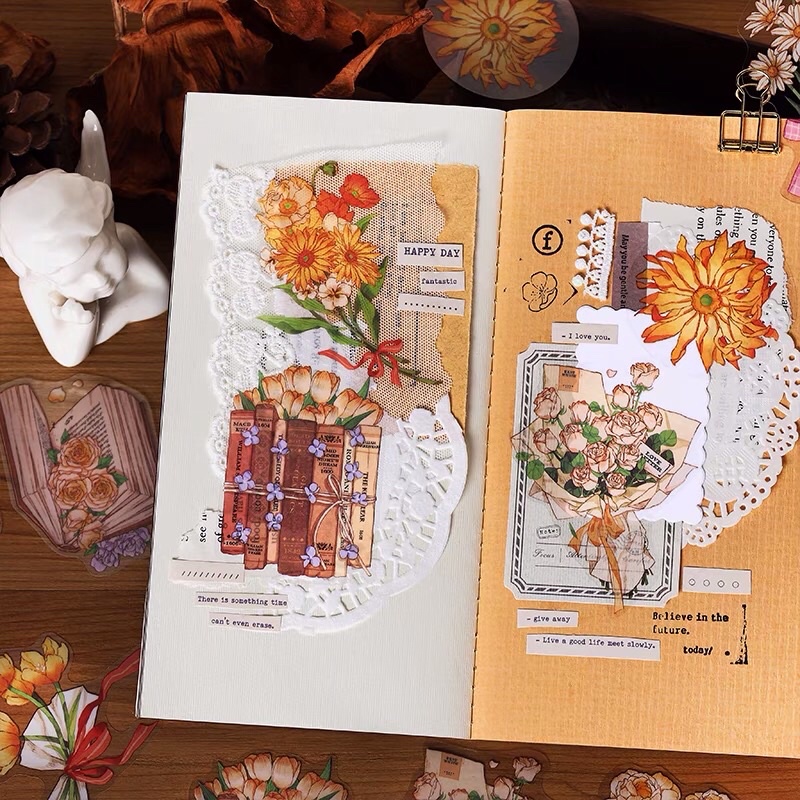 Nhãn dán sticker hoa đầy bình nghệ thuật