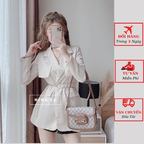 Áo vest blazer nữ dáng măng tô Hàn Quốc 2 lớp kèm dây đai xích công sở yolo fashion