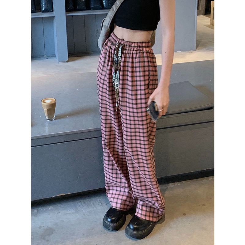 【ZHELIHANGFEI】Quần Dài Lưng Cao Ống Rộng Họa Tiết Sọc Caro Phong Cách Mỹ