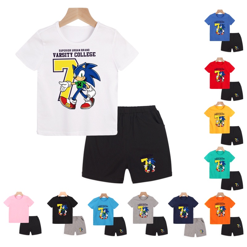 Set Áo Thun Tay Ngắn In Hình Sonic Hoạt Hình + Quần Ngắn Cho Bé Trai